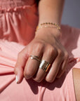 Model found wearing 14k gold fill Coil ring also paired with the cuff ring.