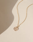 14k gold fill disk with horseshoe stamp on a delicate chain necklace on a light dish