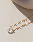 herkimer point necklace, 14k gold filled, sterling silver, eau Claire wi, handmade, clear pointed crystal, chain link necklace