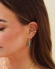 Laguna Threader Earrings with blue-green fluorite gemstones in gold fill, shown styled with simple hoop earrings