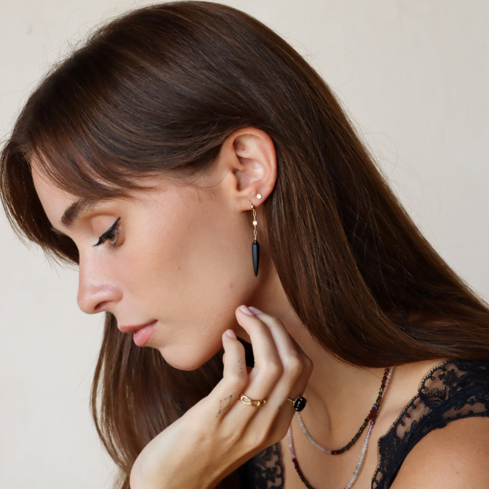 Onyx Drops featuring matte claw-shaped onyx stones suspended from polished gold fill chain and ball posts