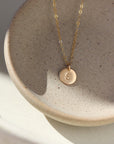 14k gold fill dainty chain necklace with hand stamped circle charm