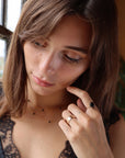 Stella Ring featuring a prong-set Black Agate in a 14k gold fill setting, inspired by the night sky