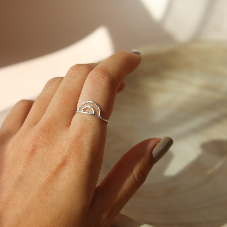 lightly hammered two arc rainbow shape ring band - 14k gold fill or sterling silver - handmade in our local studio in Eau Claire, WI - Token Jewelry
