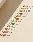 graphic showing which month each tiny birthstone on a jump ring goes with