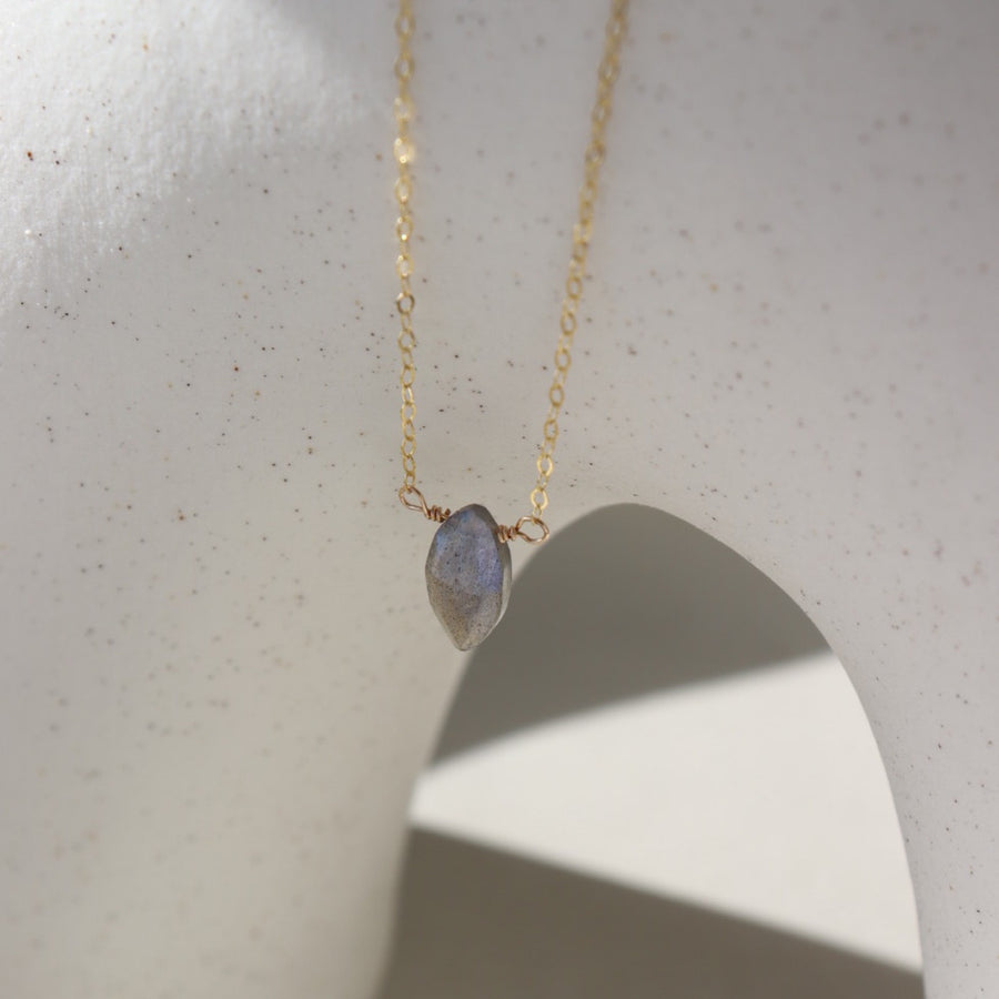 14k gold fill Marquise Necklace. This necklace features a  single marquise labradorite stone hangs from a delicate chain.