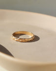14k gold fill Helix run placed on a peach plate in the sunlight. This ring feature a small twist like band.