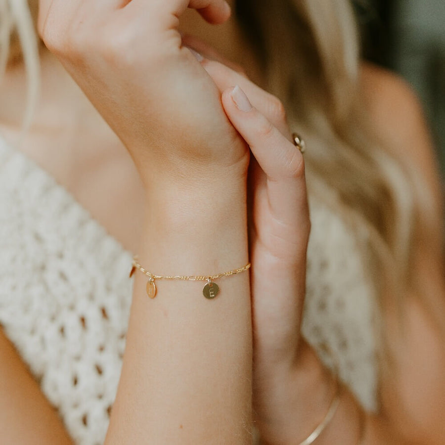Amelie Monogram Bracelet, Amelie chain with your choice of Monogram disks, made in 14k gold fill, simple chain bracelet, handmade at token jewelry in Eau Claire, WI