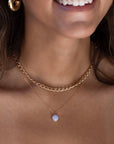 Model wearing 14k gold fill Blue Lace Agate Necklace. This Necklace features our simple chain along with a Blue Lace Agate gemstone.