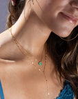 Model wearing 14k gold fill Sea Green Necklace. This Necklace feature our Cosette Chain which is a paperclip chain. This chain is then connected with a green chalcedony gemstone.