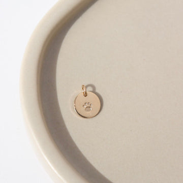 14k gold fill paw print charm laid on a white plate in the sunlight. Add this to your everyday necklace to keep your furry friend by your side everyday.