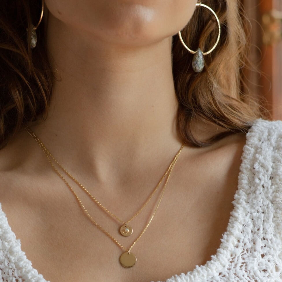 starburst coin necklace , hand hammered coin with opal bezel - token jewelry, small gold coin necklace, 14k gold fill, gold coin necklace, sterling silver coin necklace -opal gemstone - locally handmade in our studio in Eau Claire, WI - Token Jewelry