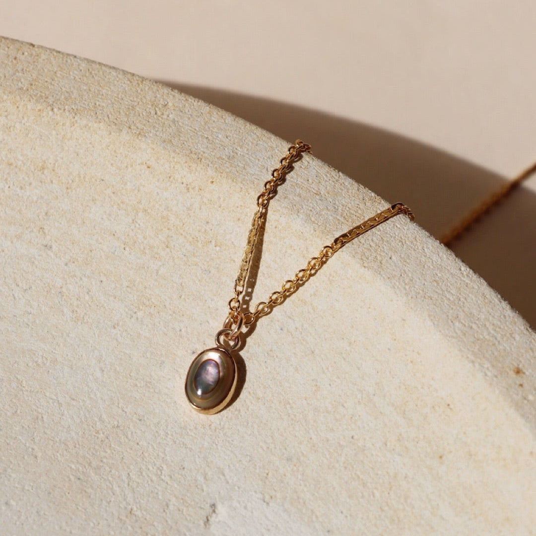14k gold fill chain necklace with an abalone pendant charm on a light dish