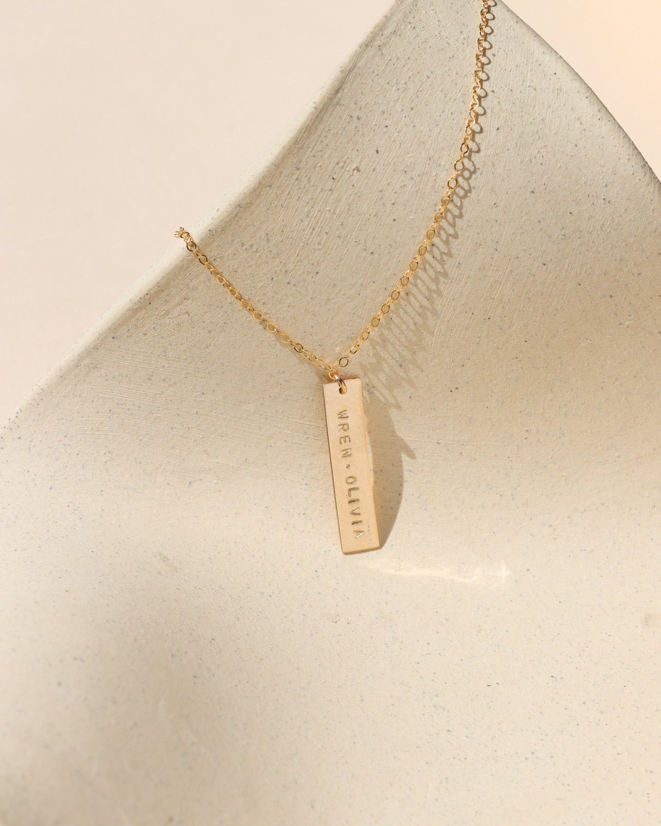 14k gold fill delicate chain necklace with engraved bar charm