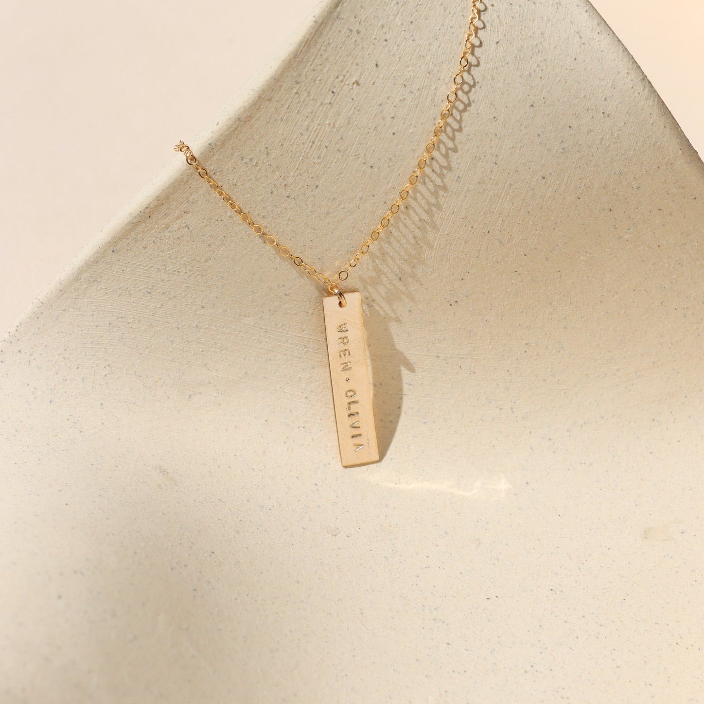 14k gold fill delicate chain necklace with engraved bar charm