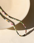 Tourmaline Beaded Necklace — mixed tourmaline beads in soft, earthy tones. Available in 14K gold fill or sterling silver, designed for effortless layering and everyday wear