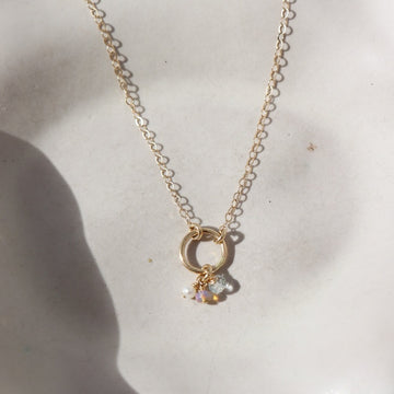 14k solid gold necklace made by Token Jewelry, featuring a simple chain and circle, with customizable birthstone charms, photographed on a white dish