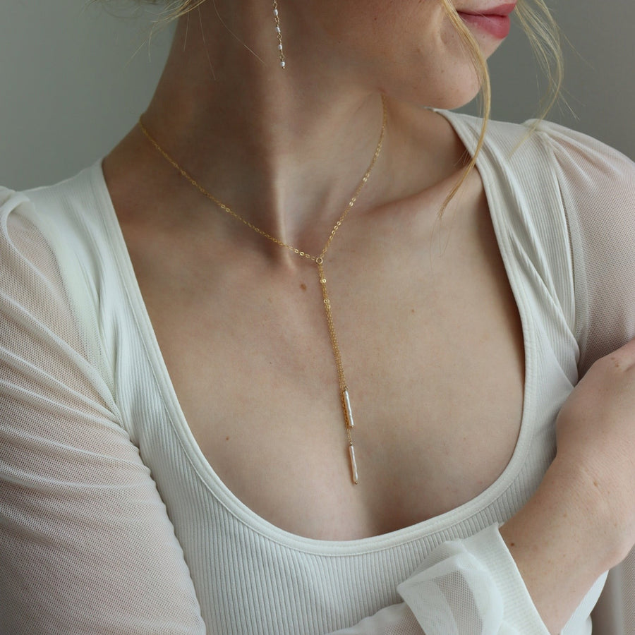 Pink Pearl Lariat. Wedding Jewelry. Classic and Modern. Sterling Silver or 14k Gold Fill. Token Jewelry, handmade, hypoallergenic and waterproof.