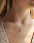 model wearing 14k gold fill delicate chain necklace with Chrysophrase cross charm