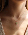 model wearing 14k gold fill delicate chain necklace with Chrysophrase cross charm