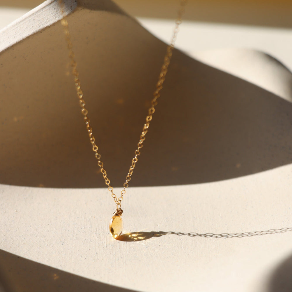 November Necklace — 14K gold fill or sterling silver necklace with a citrine marquise gemstone, November’s birthstone, lightweight and versatile for everyday wear.