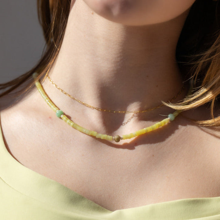 model wearing 14k gold fill chain necklace with Jade and jasper beaded necklace