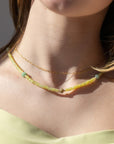 model wearing 14k gold fill chain necklace with Jade and jasper beaded necklace