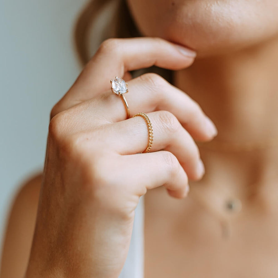 La Mer ring - Token Jewelry La Mer Ring- Token Jewelry, Handmade in Eau Claire Wisconsin, a beautiful chain ring available in 14k gold fill or sterling silver. Photographed on model with the Herkimer Ring