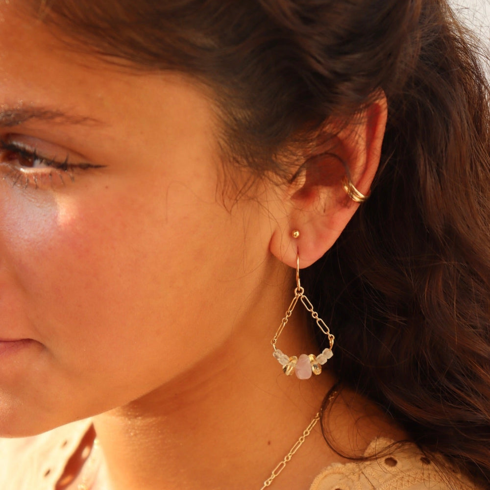 Model wearing The Estella Earrings feature moonstone, kunzite, and citrine drops on a gold fill or sterling silver chain. 