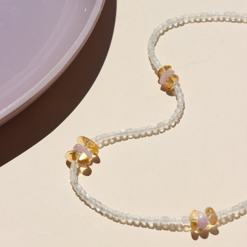 Layered moonstone necklace accented with warm citrine and soft kunzite gems