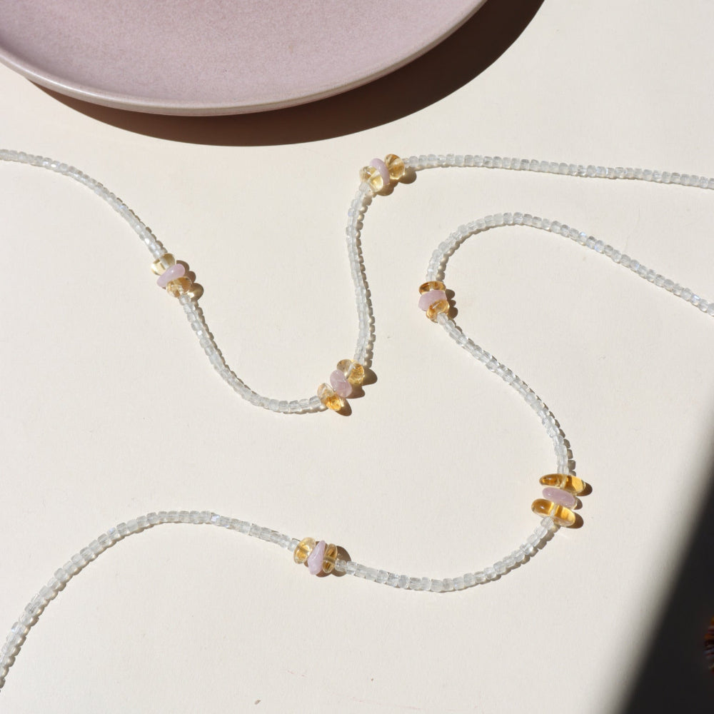 Layered moonstone necklace accented with warm citrine and soft kunzite gems