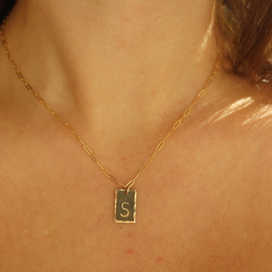 Cosette linked chain - Gold or Sterling Silver Rectangle Hammered edge - Monogrammed with letter - Jewelry near me - Eau Claire