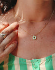 model wearing 14k gold fill chain necklace with chrysoprase donut charm