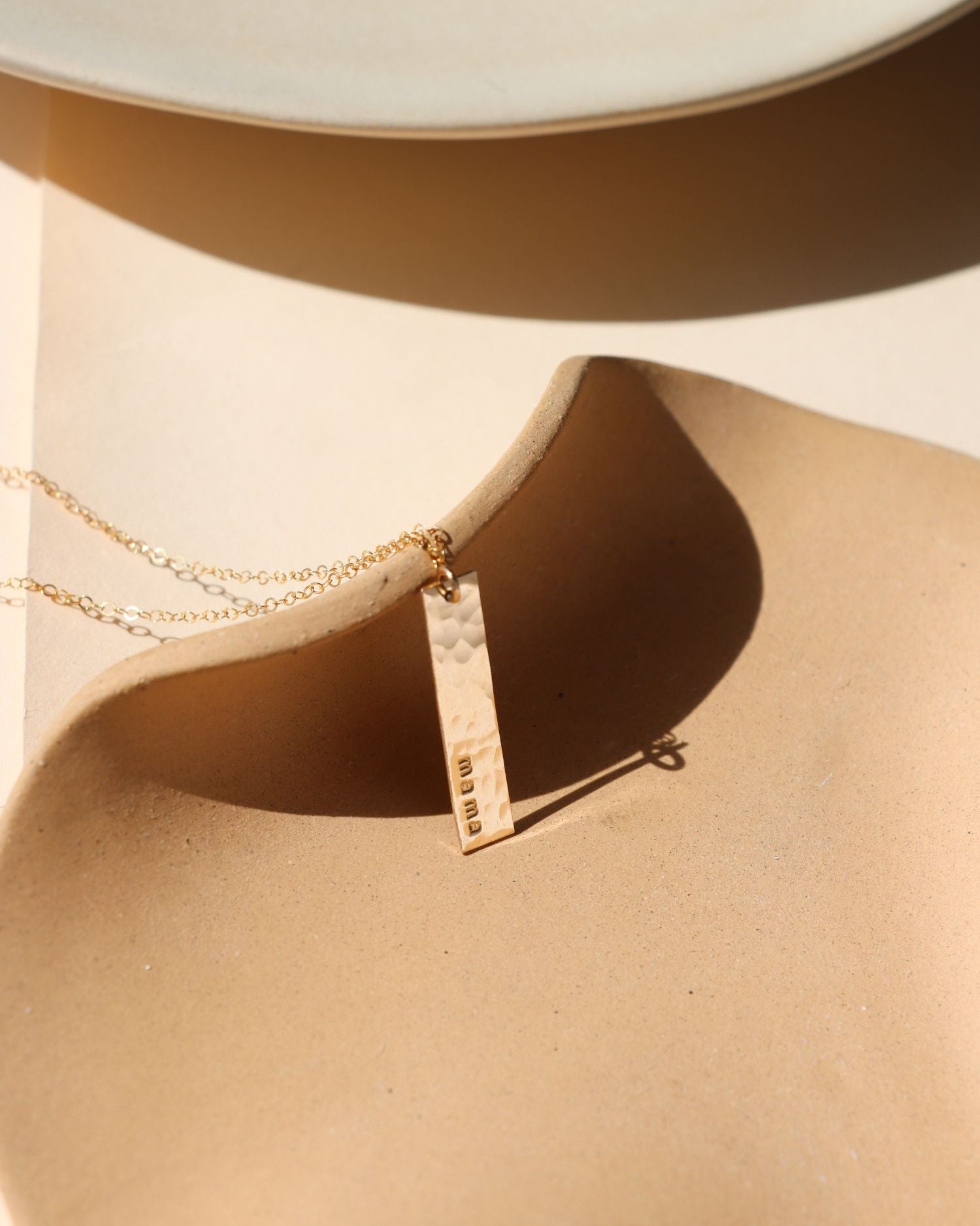 14k gold fill delicate chain  necklace with hand stamped bar charm