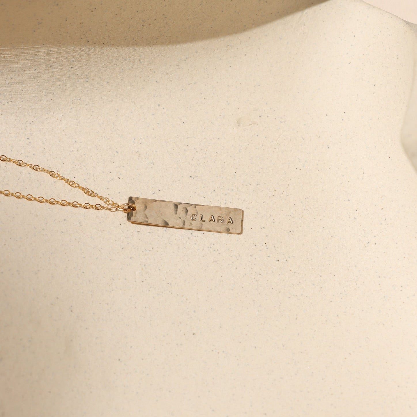 14k gold fill delicate chain necklace with engraved & hammered bar charm