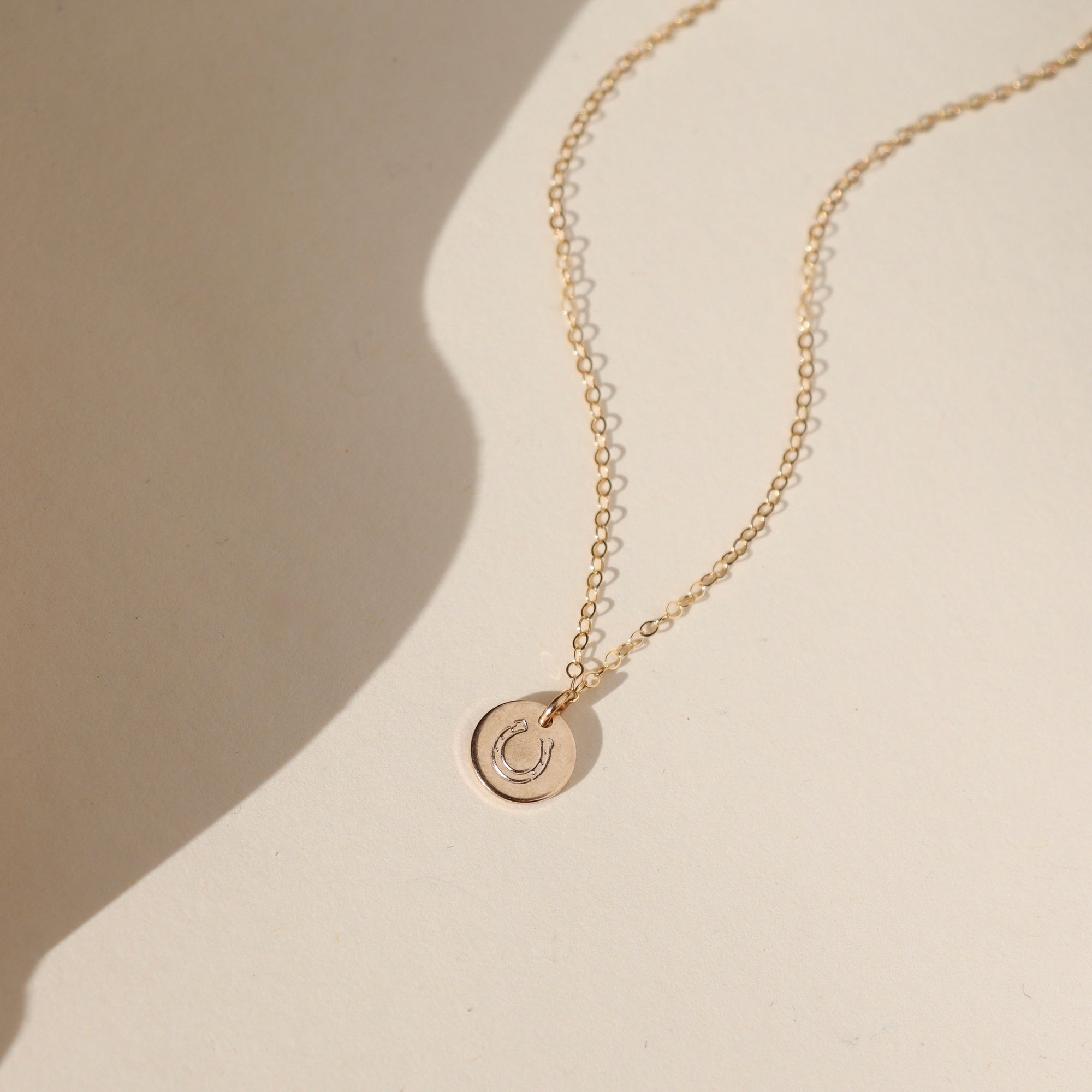 14k gold fill disk with horseshoe stamp on a delicate chain necklace on a light dish