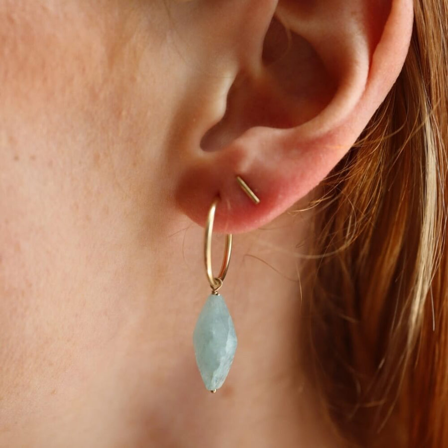 aquamarine gemstone earrings, hypoallergenic, safe for sensitive ears, 14k gold fill, gold hoops, women's fashion, accessory, jewelry, handmade jewelry, Wisconsin, eau Claire  Edit alt text