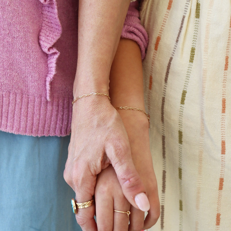 Model and her mother wearing 14k gold fill tiny Clara bracelet.