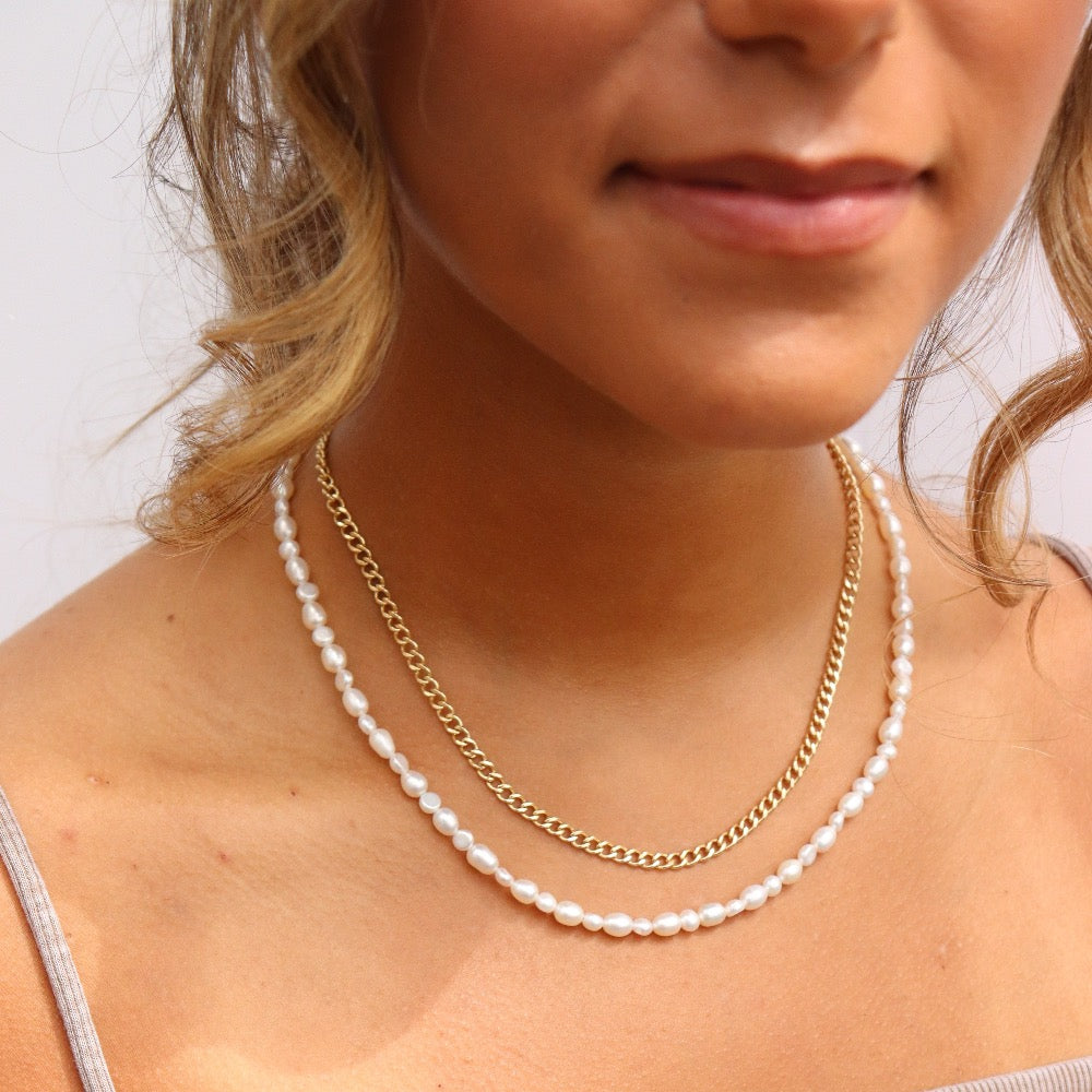 Model Wearing 14k gold fill Endless pearl necklace