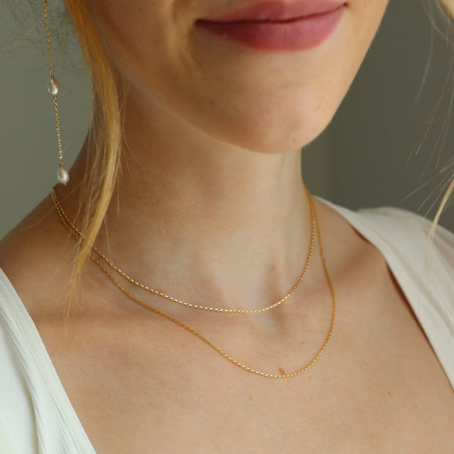 Two Layered simple chains with a pearl backdrop. Wedding Jewelry. Classic and Modern. Sterling Silver or 14k Gold Fill. Token Jewelry, handmade, hypoallergenic and waterproof.