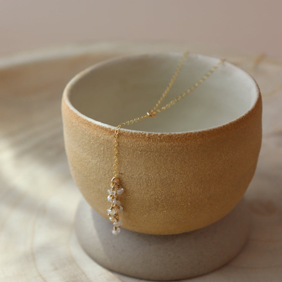 White crystal cluster lariat. Wedding Jewelry. Classic and Modern. Sterling Silver or 14k Gold Fill. Token Jewelry, handmade, hypoallergenic and waterproof.