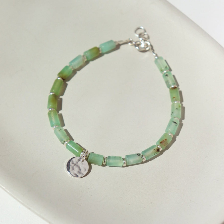 Chrysoprase Beads and Spacer Beads with a 925 sterling silver coin bracelet, handmade by Token Jewelry