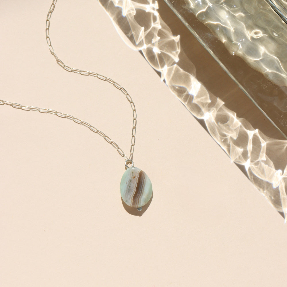 Sea Drift Necklace with unique terra agate gemstone pendant on delicate paperclip chain in 14k gold fill
