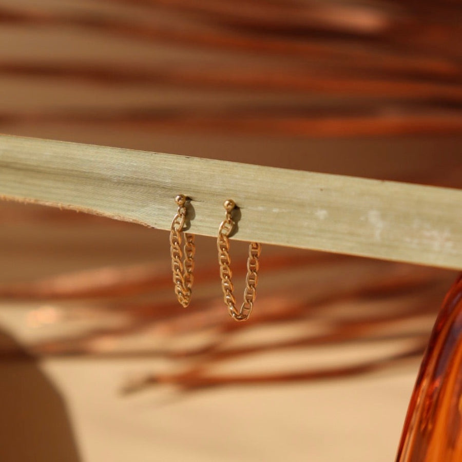 14k gold gill hali chain studs hanging from a plant leaf.