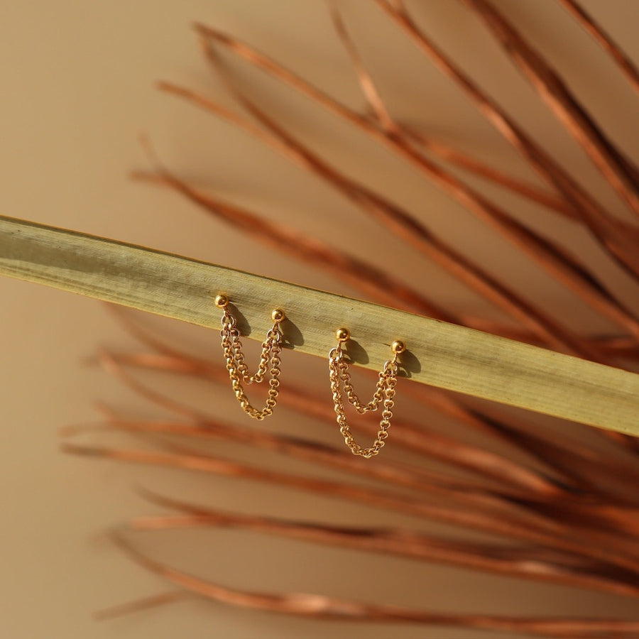 14k gold fill Dylan Double Studs  hung up on a plant leaf. Handmade from Token Jewelry in Eau Claire Wisconsin. Hypoallergenic, nickel free. Perfect for everyday wear. - Token Jewelry