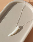 a tusk-shaped pendant made of mother of pearl on a 925 sterling silver chain, photographed on a white ceramic dish