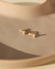 small gold arrow stud earrings on a sunlit ceramic dish