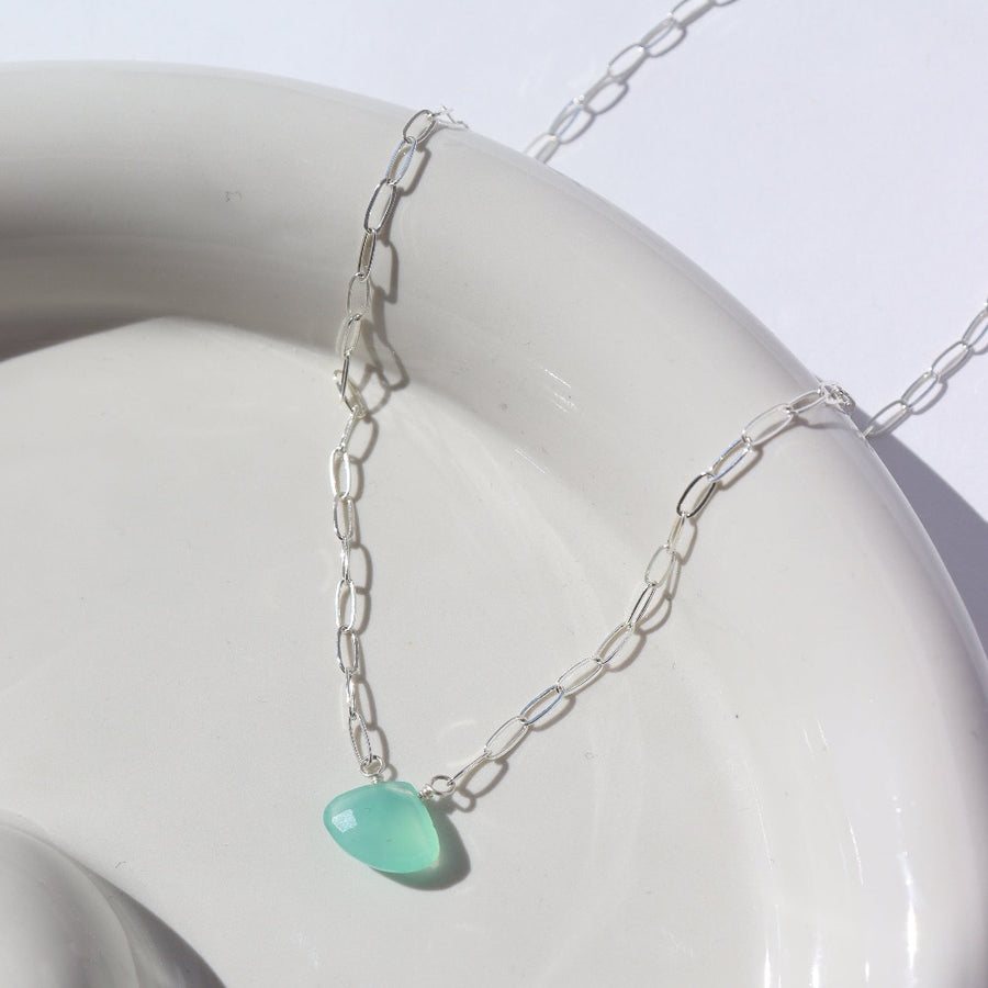 925 Sterling silver Sea Green Necklace.This Necklace feature our Cosette Chain which is a paperclip chain. This chain is then connected with a green chalcedony gemstone.