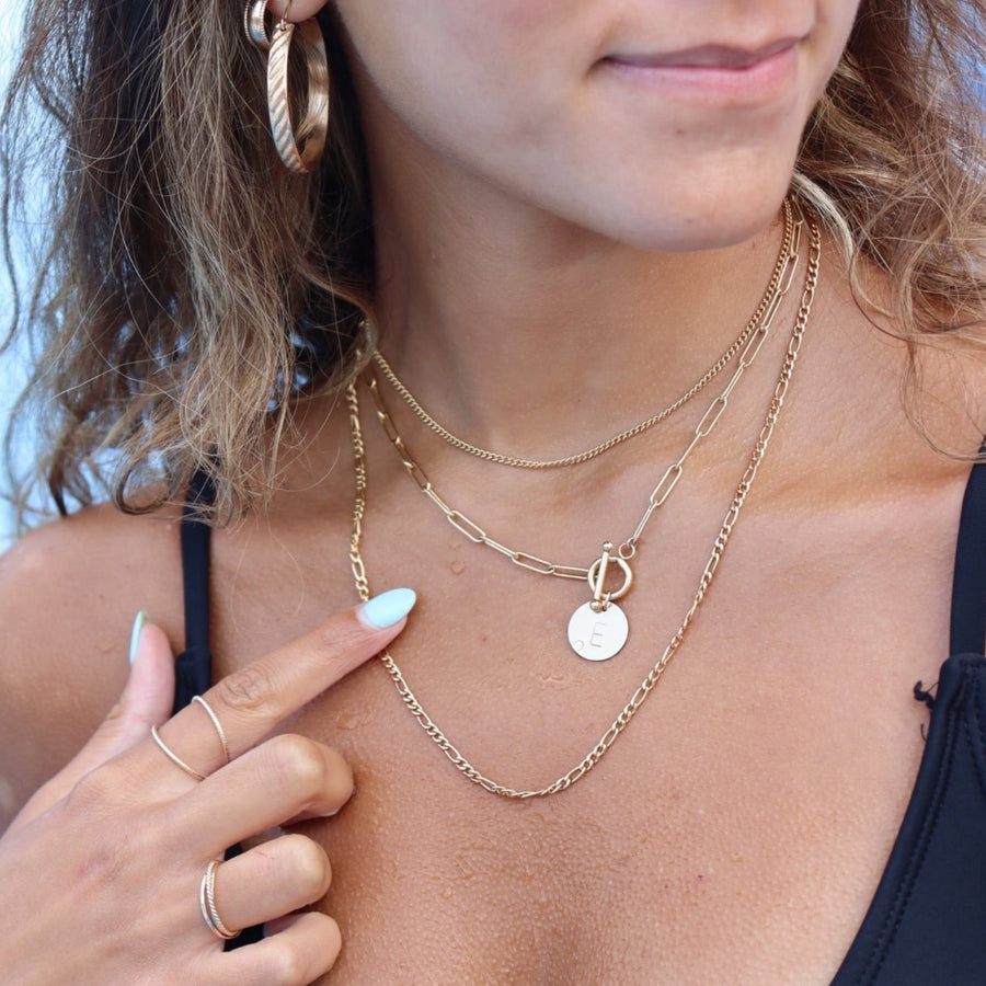 Model wearing 14k gold fill Chain link toggle Necklace with Monogram