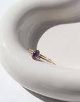 14k gold fill Tanzanite ring placed on a white jewelry dish in the sunlight. This ring features a simple smooth band featuring a Tanzanite cab.